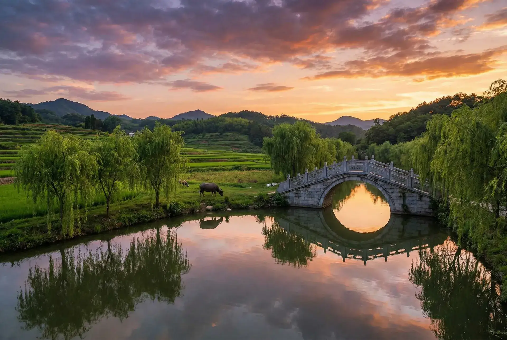 夕阳下的石拱桥与垂柳，水牛在河边吃草 - 第四色最新网址 乡村美景